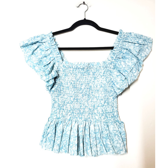 Love The Label Top Womens Small Puff Sleeve Ruffles Smocked Blue Peplum Feminine - Picture 2 of 11